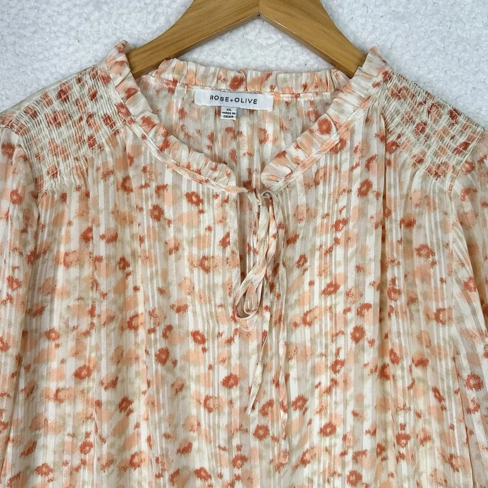 Rose +‎ Olive Floral Pleated Blouse XL Boho Peasant Long Sleeve Tie Neck Top